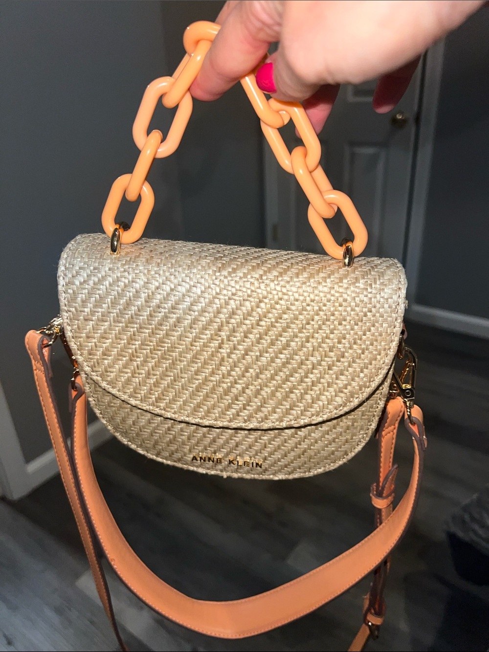 Anne Klein Mini Saddle Straw Crossbody w/ Peach/Coral Straps